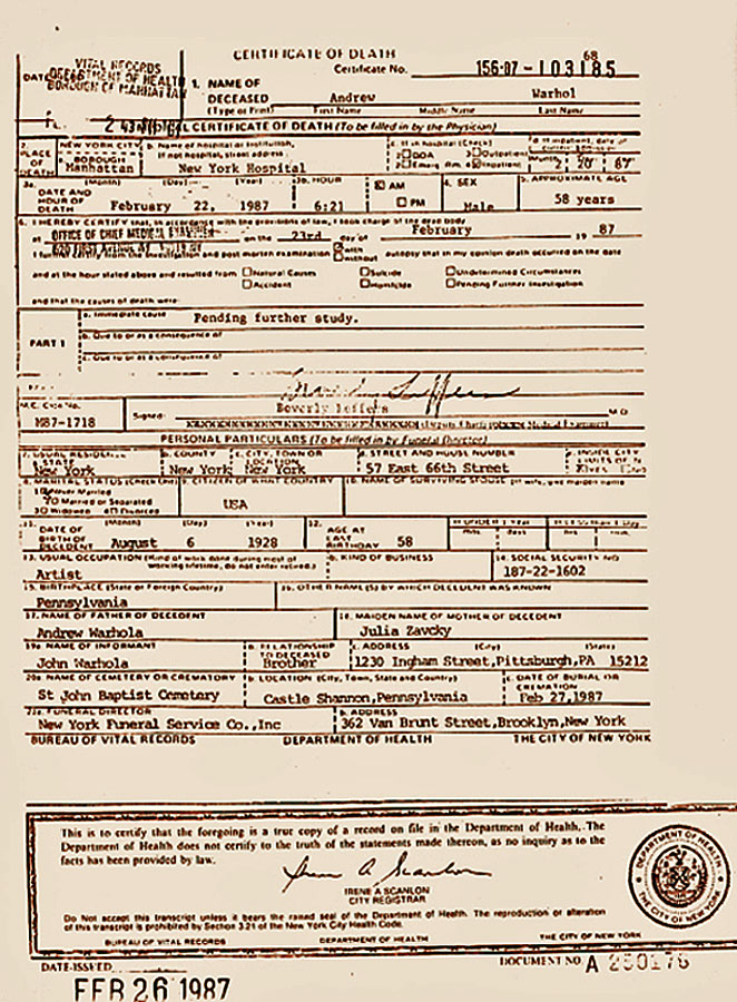 Andy Warhol death certificate
