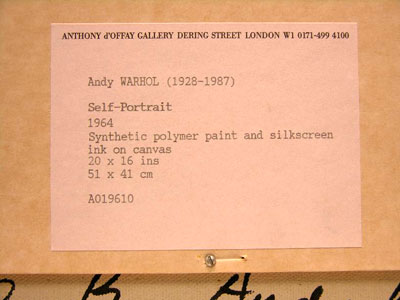 Label affixed to Bruno B Warhol Self Portrait owned by Anthony d'Offay