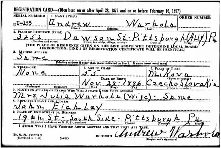 Andy Warhol's father's draft card