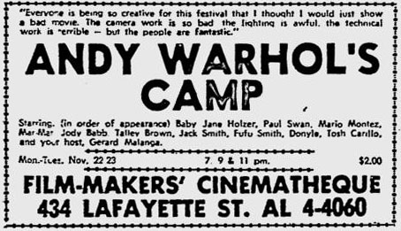 Ad for Andy Warhol's Camp at the Filmmakers' Cinematheque