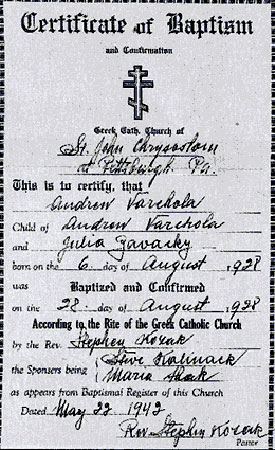 Andy Warhol Baptism Certificate