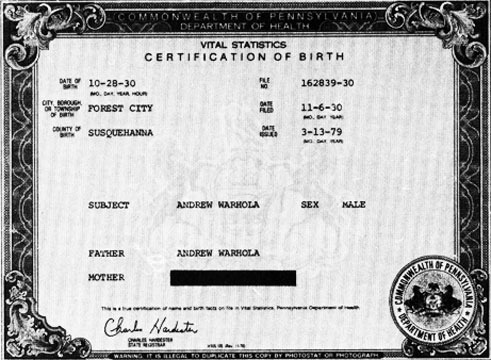 Wrong birth certificate for Andy Warhol