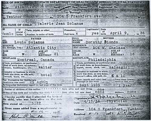 Valerie Solanas Birth Certificate